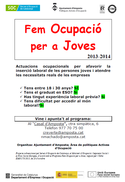 Ajuntament d´Amposta > Comunicació > PROGRAMA “FEM OCUPACIÓ PER A JOVES”2013-2014