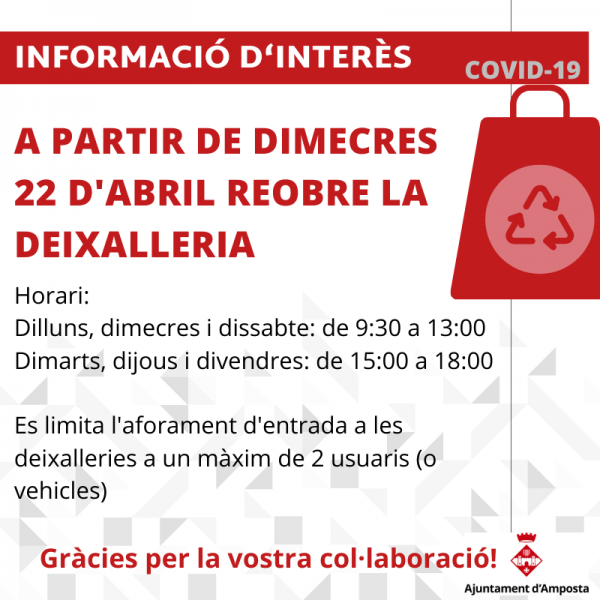 COVID-19: Dimecres 22 d’abril reobre la deixalleria