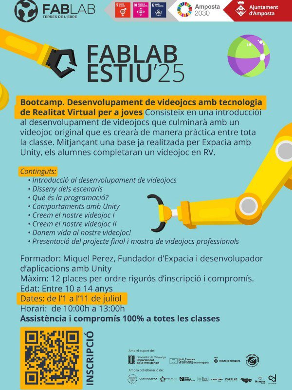 Ajuntament d´Amposta > agenda > FabLab Estiu’25: Bootcamp. Desenvolupament de vídeojocs amb tecnologia de Realitat Virtual per a joves