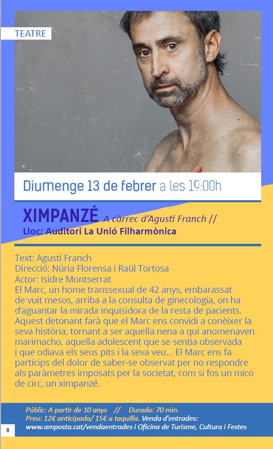 Ajuntament d´Amposta > agenda > Temporada d’arts escèniques 2022. Teatre "XIMPANZÉ"