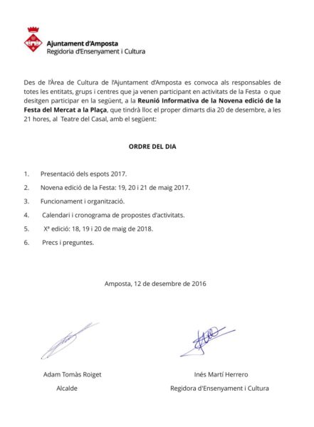Reunió Informativa de la Novena edició de la Festa del Mercat a la Plaça